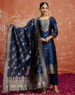 Teal color cotton silk blend wevon jacquard jari designer ethnic partywear suit 4