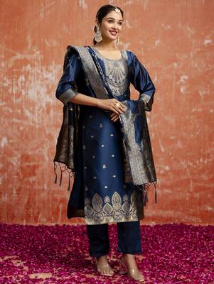 Teal color cotton silk blend wevon jacquard jari designer ethnic partywear suit 5