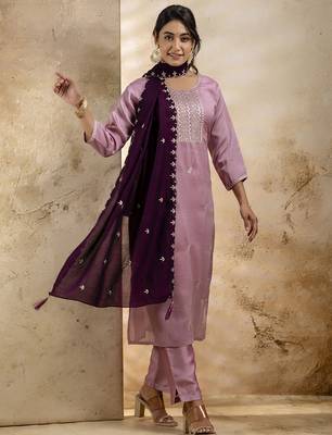 Lavender color silk blend embroidery readymade kurta set with dupatta 1