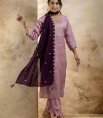 Lavender color silk blend fabric embroidery work readymade kurta set with dupatta