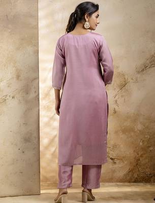 Lavender color silk blend embroidery readymade kurta set with dupatta 2