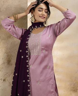 Lavender color silk blend embroidery readymade kurta set with dupatta 3