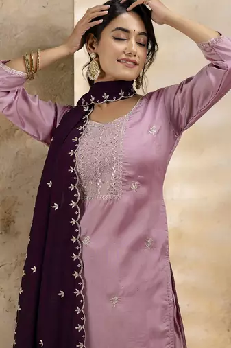 Lavender color silk blend embroidery readymade kurta set with dupatta