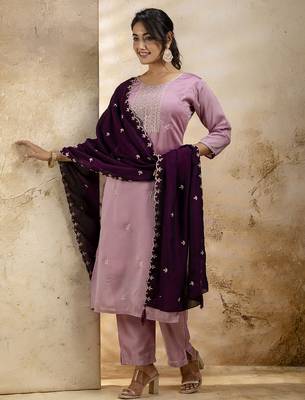 Lavender color silk blend embroidery readymade kurta set with dupatta 4
