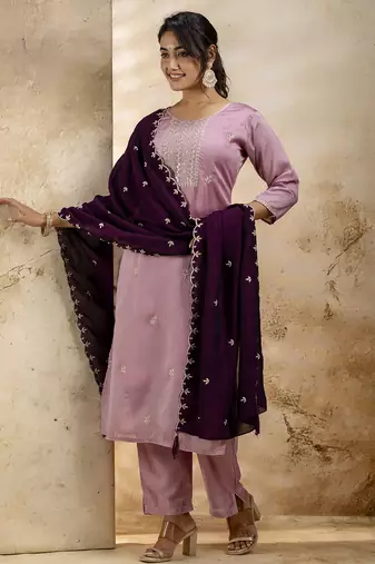 Lavender color silk blend embroidery readymade kurta set with dupatta