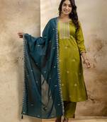 Mahendi color silk blend fabric embroidery work readymade kurta set with dupatta