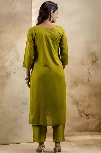 Mahendi color silk blend embroidery readymade kurta set with dupatta