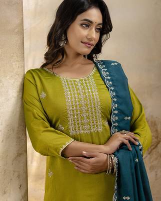 Mahendi color silk blend embroidery readymade kurta set with dupatta 3