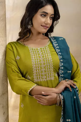 Mahendi color silk blend embroidery readymade kurta set with dupatta