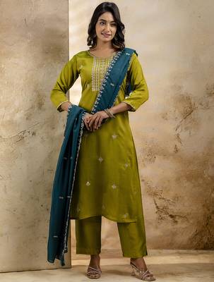 Mahendi color silk blend embroidery readymade kurta set with dupatta 4