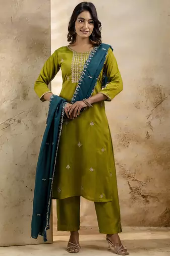 Mahendi color silk blend embroidery readymade kurta set with dupatta