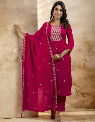 Pink color silk blend embroidery readymade kurta set with dupatta 1