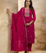 Pink color silk blend fabric embroidery work readymade kurta set with dupatta