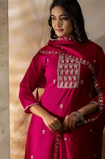 Pink color silk blend embroidery readymade kurta set with dupatta