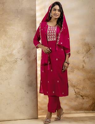 Pink color silk blend embroidery readymade kurta set with dupatta 4