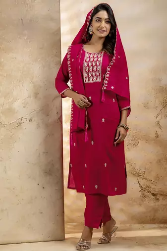Pink color silk blend embroidery readymade kurta set with dupatta