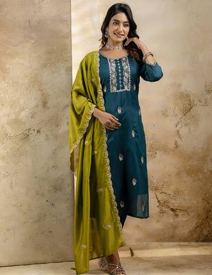 Rama color silk blend embroidery readymade kurta set with dupatta 1