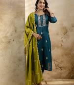 Rama color silk blend fabric embroidery work readymade kurta set with dupatta