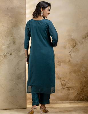 Rama color silk blend embroidery readymade kurta set with dupatta 2