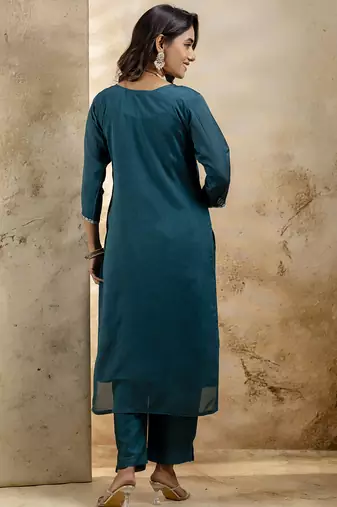 Rama color silk blend embroidery readymade kurta set with dupatta