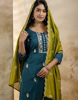 Rama color silk blend embroidery readymade kurta set with dupatta 3