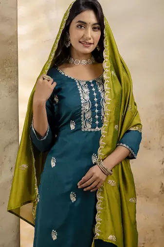 Rama color silk blend embroidery readymade kurta set with dupatta