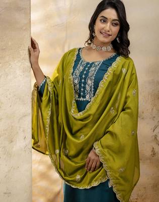 Rama color silk blend embroidery readymade kurta set with dupatta 4