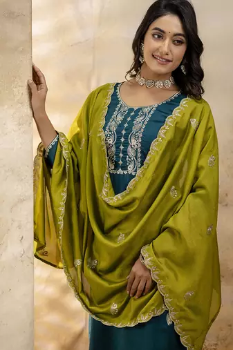 Rama color silk blend embroidery readymade kurta set with dupatta