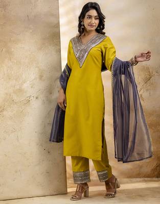 Mustard color viscosee rayon embroidery readymade kurta set with dupatta 1