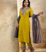 Mustard color viscosee rayon fabric embroidery work readymade kurta set with dupatta