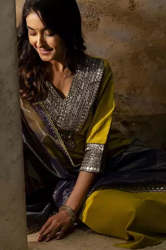 Mustard color viscosee rayon embroidery readymade kurta set with dupatta