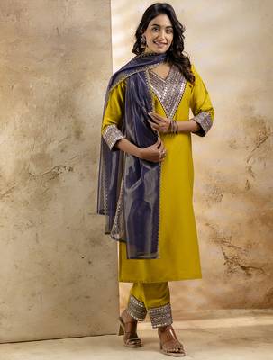 Mustard color viscosee rayon embroidery readymade kurta set with dupatta 4