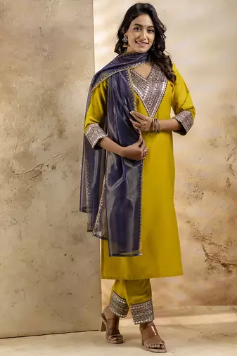 Mustard color viscosee rayon embroidery readymade kurta set with dupatta