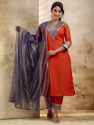 Orange color viscosee rayon embroidery readymade kurta set with dupatta 1