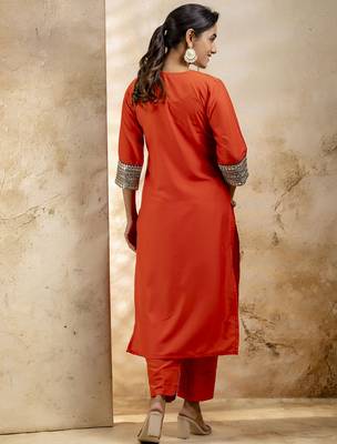 Orange color viscosee rayon embroidery readymade kurta set with dupatta 2