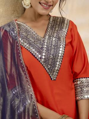 Orange color viscosee rayon embroidery readymade kurta set with dupatta 3