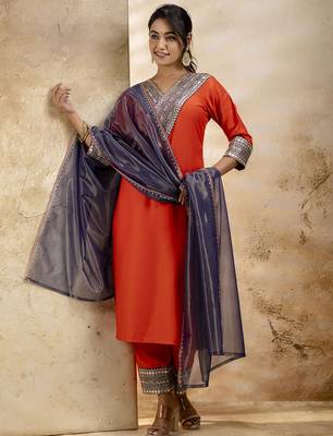 Orange color viscosee rayon embroidery readymade kurta set with dupatta 4