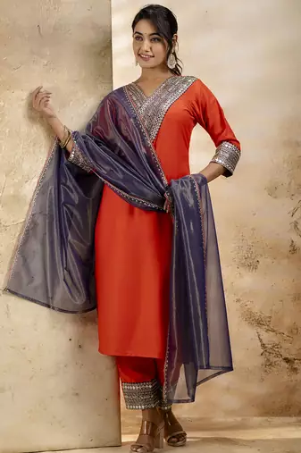 Orange color viscosee rayon embroidery readymade kurta set with dupatta