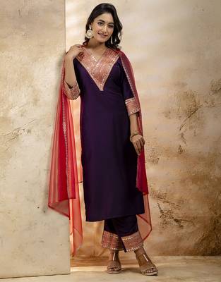 Purple color viscosee rayon embroidery readymade kurta set with dupatta 1