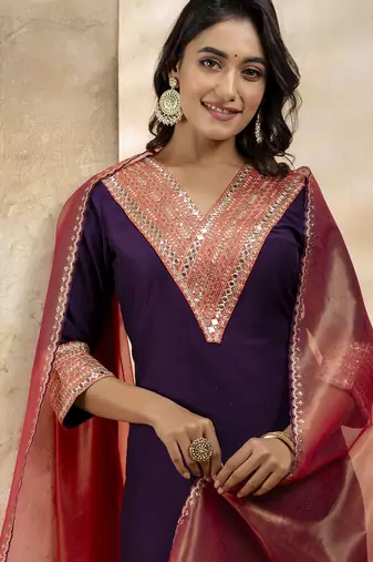 Purple color viscosee rayon embroidery readymade kurta set with dupatta