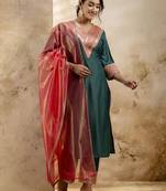 Rama color viscosee rayon fabric embroidery work readymade kurta set with dupatta