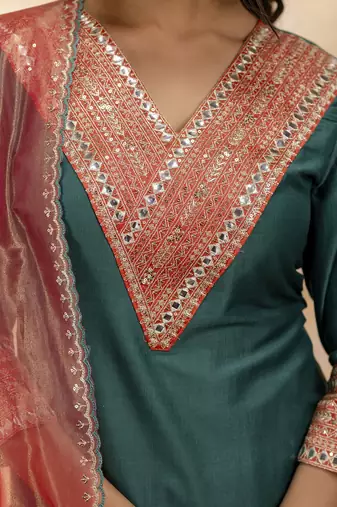 Rama color viscosee rayon embroidery readymade kurta set with dupatta