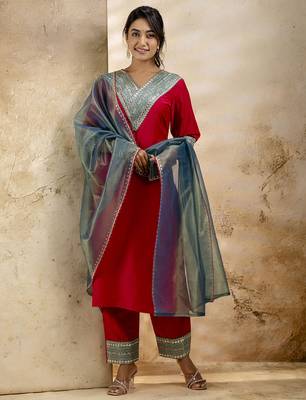 Pink color viscosee rayon embroidery readymade kurta set with dupatta 1