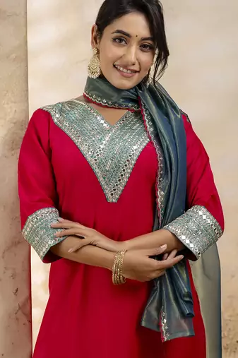 Pink color viscosee rayon embroidery readymade kurta set with dupatta