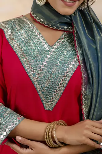 Pink color viscosee rayon embroidery readymade kurta set with dupatta