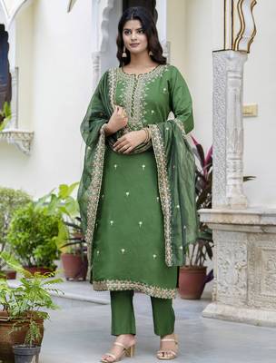 Green color silk blended embroidery readymade suit with dupatta 1