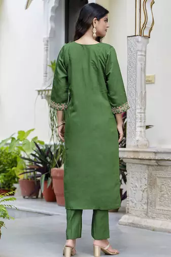 Green color silk blended embroidery readymade suit with dupatta