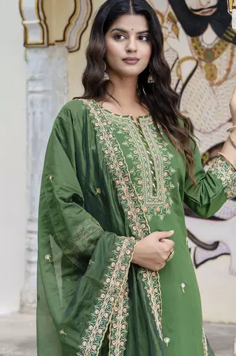 Green color silk blended embroidery readymade suit with dupatta