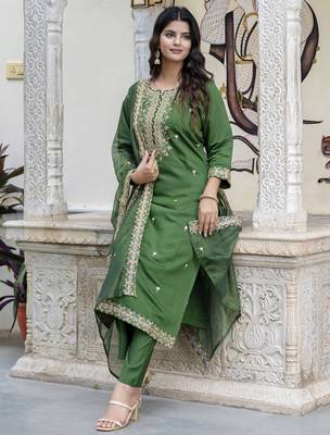 Green color silk blended embroidery readymade suit with dupatta 4