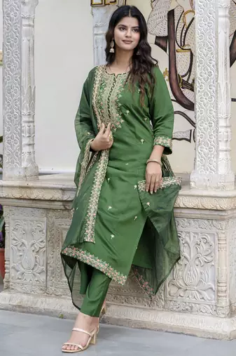 Green color silk blended embroidery readymade suit with dupatta